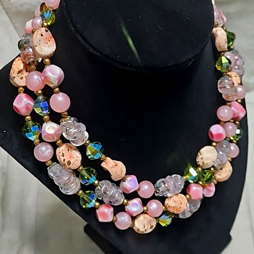 Vintage 60s Regency Signed Rare Gilt Pink Art Glass Rhinestone Crystal Necklace - Picture 6 of 8